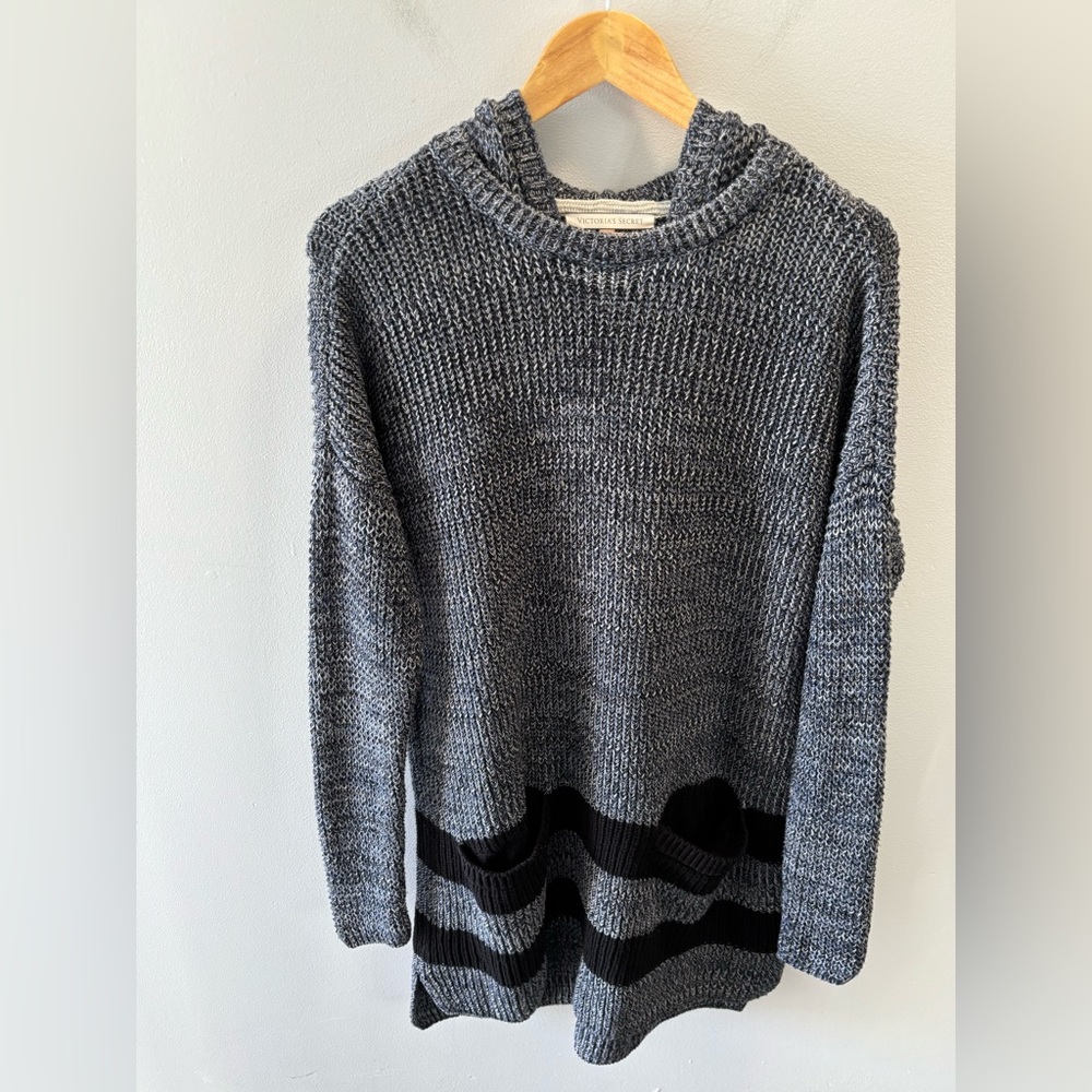 Victoria’s Secret Cotton Tunic Hooded Sweater Size S Black Grey Stripes Pockets